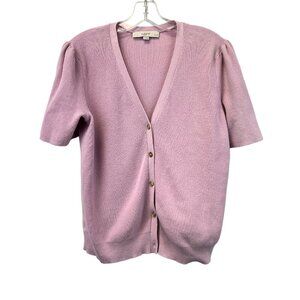Loft Short Sleeve 1/2 Button Up Cardigan Pink Ribbed Size Large Petite